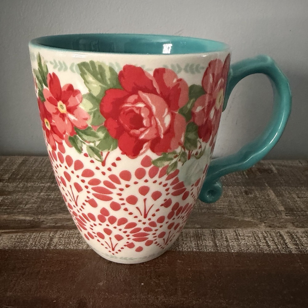 The Pioneer Woman 20oz Extra Large Floral Mug Teal White Red - Picture 3 of 8
